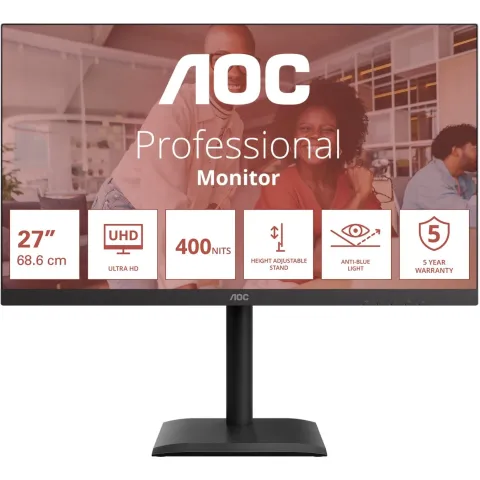 AOC Monitor - U27E4CV - 27 inch Ultra HD. Speakers. (3840x2160, 60 Hz, 2x HDMI 2.0, DisplayPort 1.4, USB-C (90W PD), RJ45)