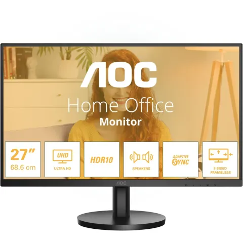 AOC U27B3A - 27in 4K UHD IPS Monitor, 3840x2160, 60Hz, 4ms, 2xHDMI + DP, Black
