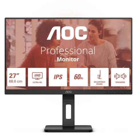 AOC U27E3UF - 27in 4K (3840x2160) IPS LED Monitor, 4ms GTG, 60Hz, Height-Adjustable, Black