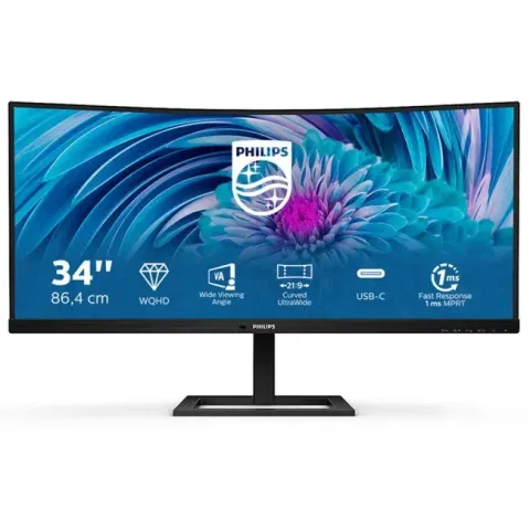 Philips 34B2U3600C/00 - 34-inch Curved WQHD Business Monitor VA 3440x1440 100Hz HDMI 120Hz DP USB-C 90W 4ms 300cd/m2 Speakers USB Hub Height Adjustable