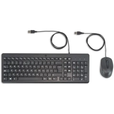 HP 150 Wired Mouse and Keyboard - Black, USB Membrane Keyboard, QWERTY, 2pc Bundle