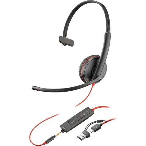 Poly Blackwire 3215 Headset - C3215 - Monaural, USB-C + USB-A Adapter & 3.5mm, Black