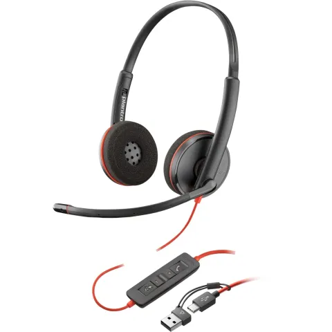 Poly Blackwire 3220 Stereo USB-C Headset 209749/209745 Black w/ USB-A Adapter