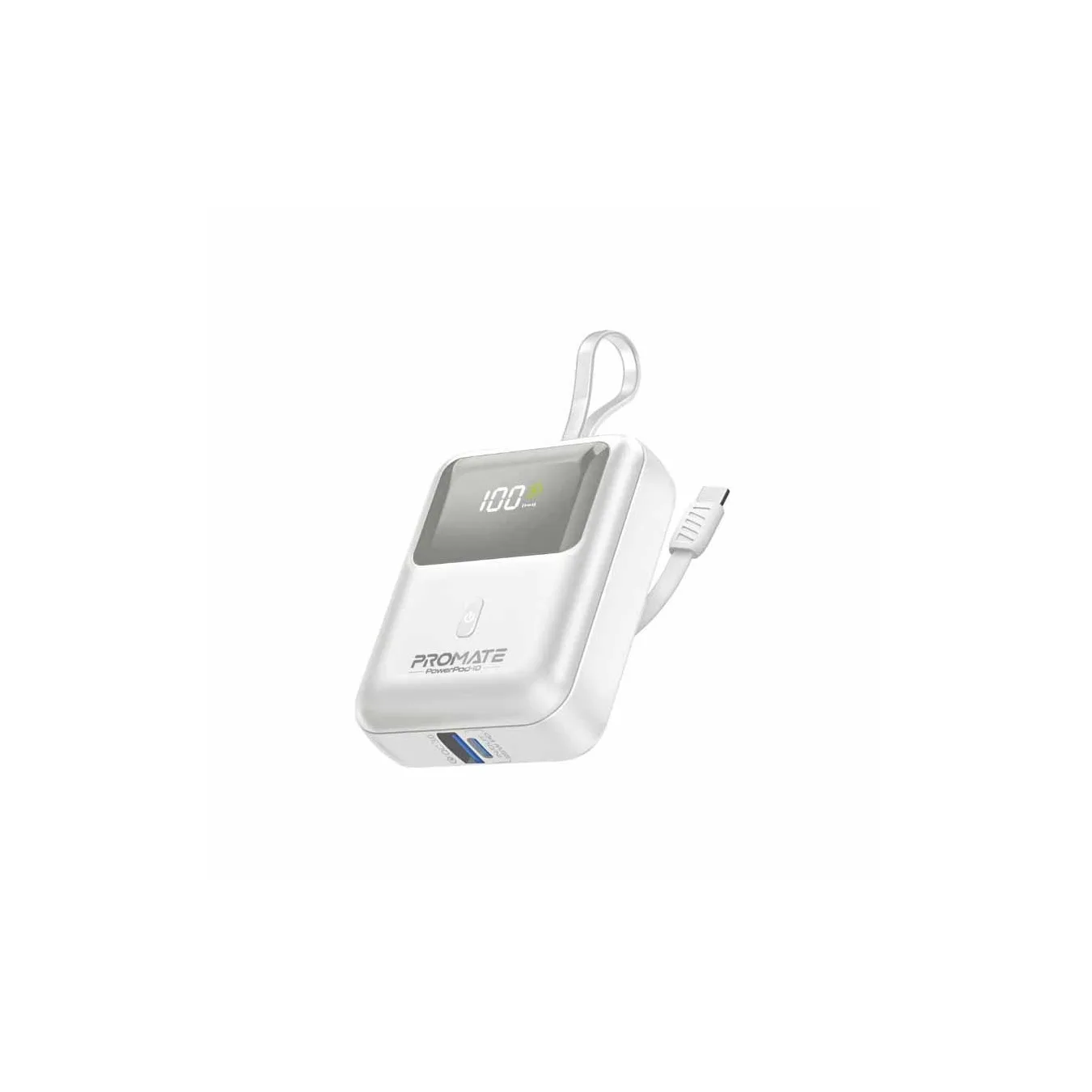 POWERPOD-10.WHITE 10000mAh COMPACT POWERBANK 35W W BUILT-IN USB-C CABLE PROMATE