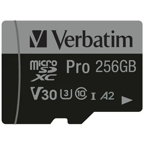 Verbatim Pro microSDXC 256GB - Class 10 UHS-I U3 V30 - Black, with SD Adapter
