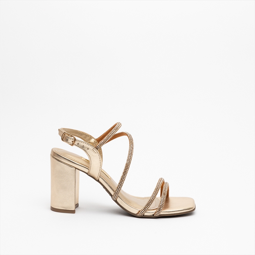 Via Marte Metallic Strappy Medium Block Heel Sandals with Diamante Embellishment
