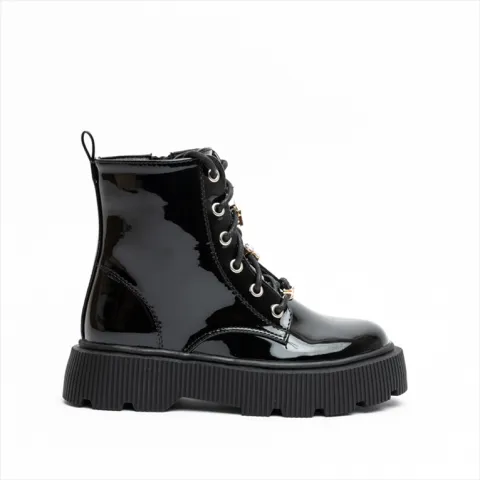 Miss Belgini Glossy Combat Girls Boots with Charms