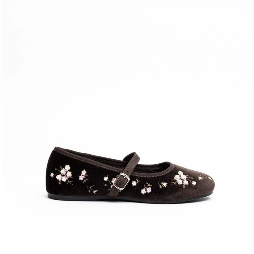 Miss Belgini Girls Velvet Mary Jane Ballerina Shoes with Flower Embellishment