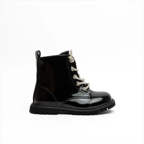 Miss Belgini Girls Glossy Boots with Diamante Detailed Laces