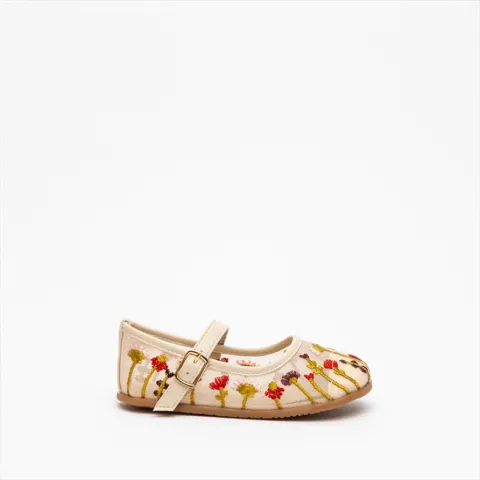 Miss Belgini Girls Mary Jane Mesh Ballerinas with Colourful Flowers Embroidered