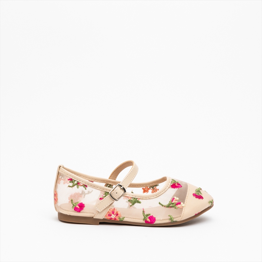 Miss Belgini Girls Mary Jane Mesh Pointed Toe Ballerinas with Embroidered Flowers