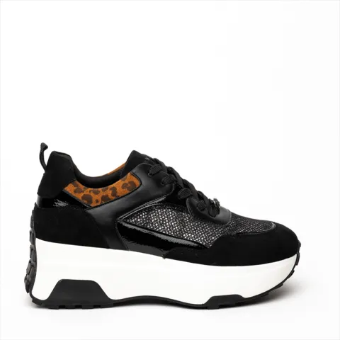 Rafaella Belgini Black Textile Womens Lace Up Sneaker with Leopard Detailing