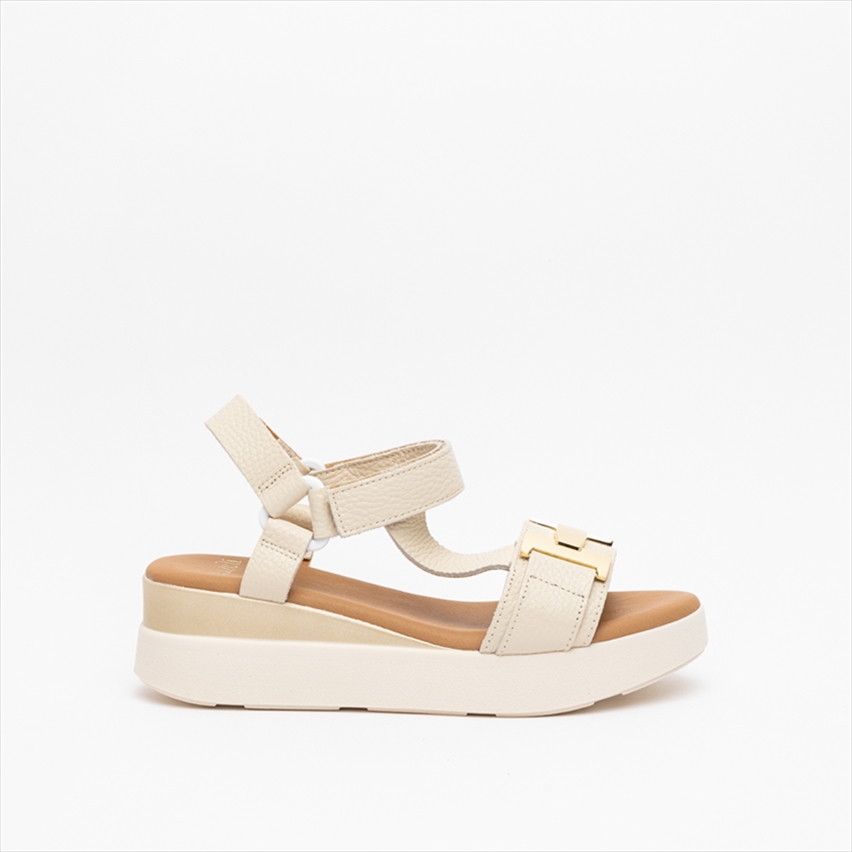 Nazeli Premium Medium Wedge Ankle Strap Sandals with T-Strap and Horsebit Chain