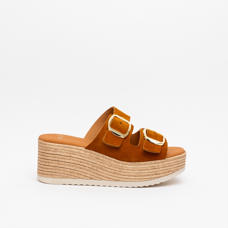 Nazeli Premium Double Buckle Strap Mule Espadrille Medium Wedge Heel Sandals