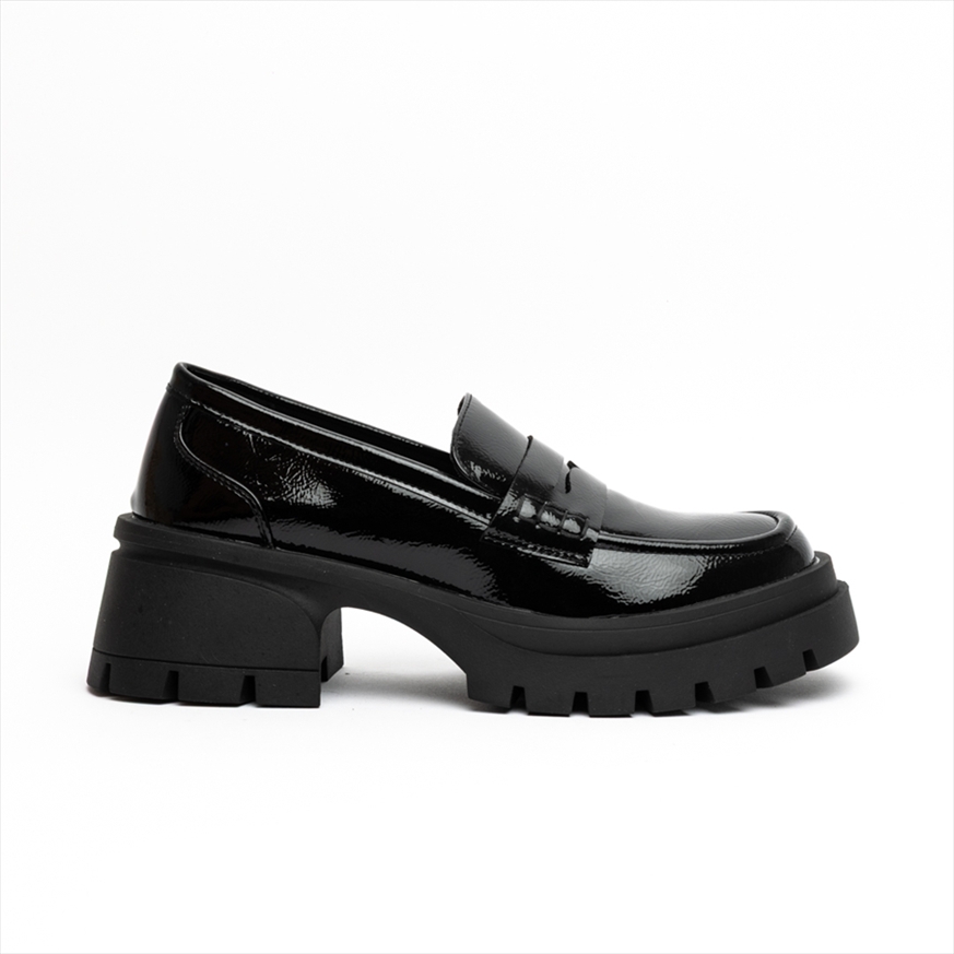 Miss Belgini Medium Block Heel Glossy Penny Strap Loafers