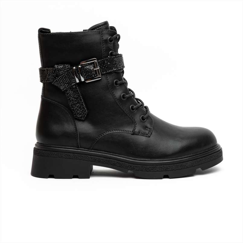 Miss Belgini Combat Ankle Boots with Embellished Buckle Chain Decorative Detail