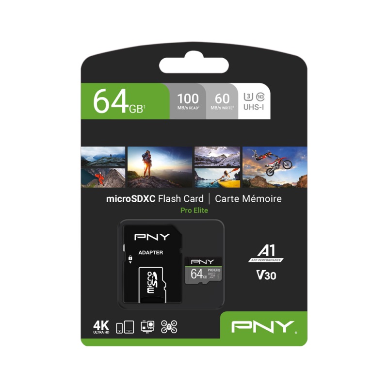PNY Flash Memory MicroSDXC Card Elite Pro 64GB Class 10 UHS-I U3 V30 with SD Adapter