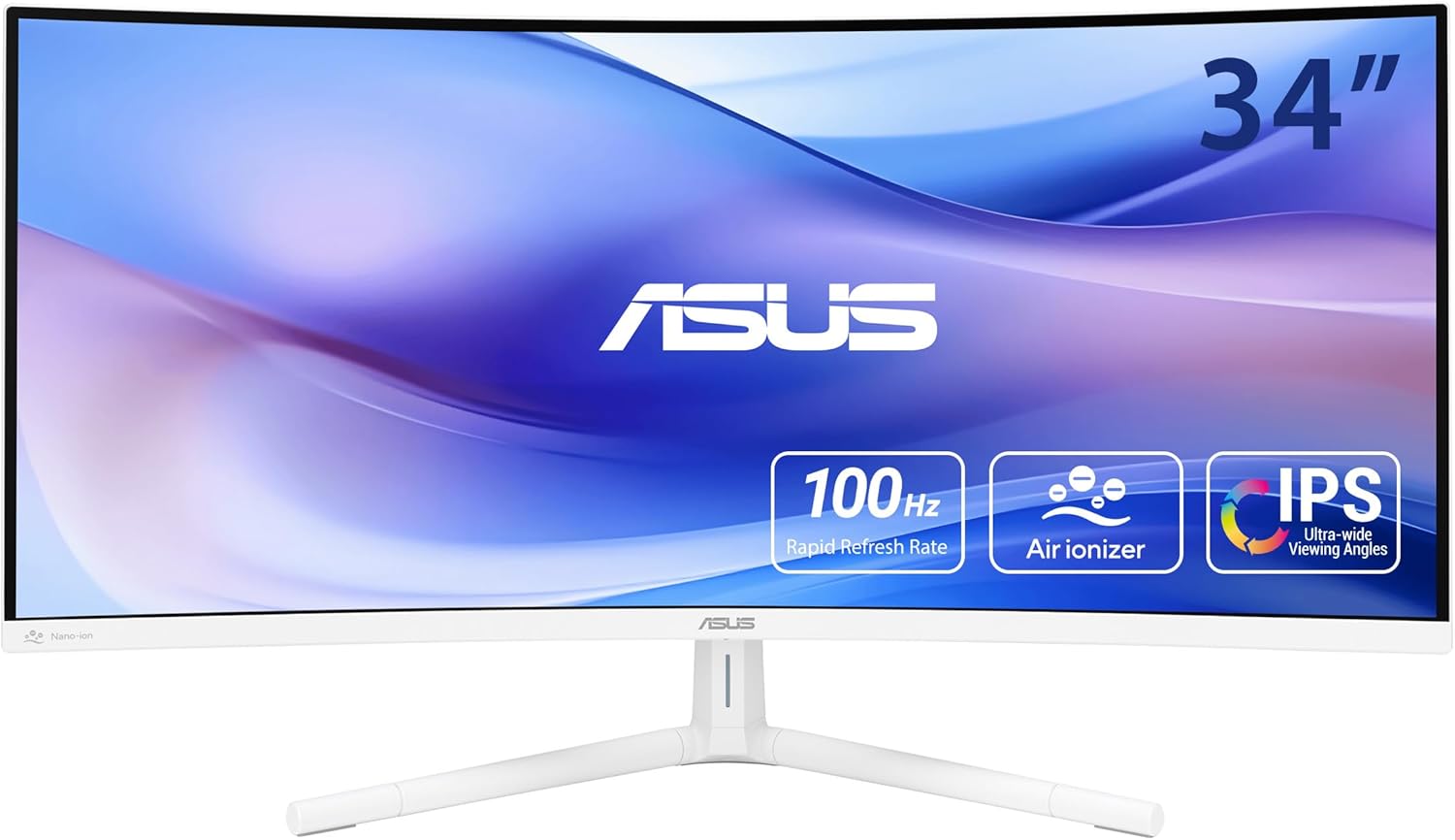 ASUS Monitor EyeCare 34″ UWQHD 100Hz VA Curved 1500R Air-Ionizer USB Hub DP HDMI USB-C PD Speakers VU34WCIP-W White