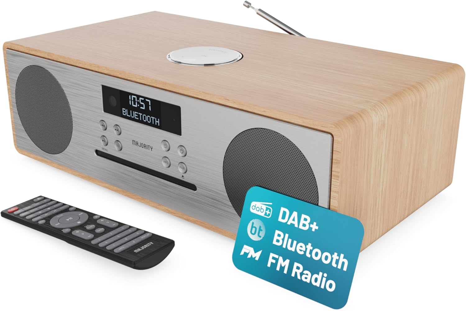 Majority OAKINGTON (Oak) Mini HiFi System 120W with CD Player, Bluetooth, FM Radio, USB Play & Phone Charging