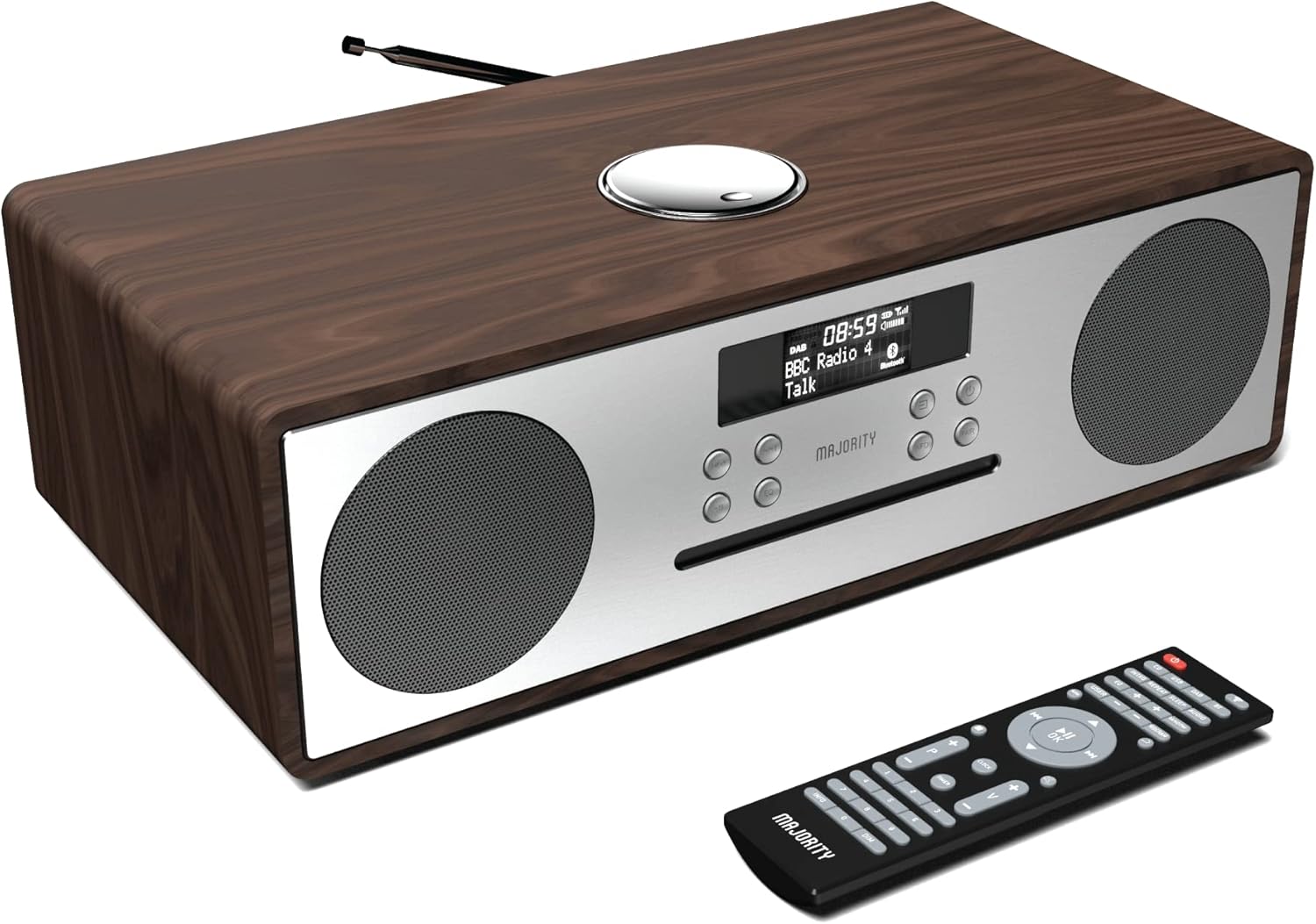 Majority OAKINGTON Walnut Mini HiFi System 120W with CD Player, Bluetooth, FM Radio, USB Play & Phone Charging