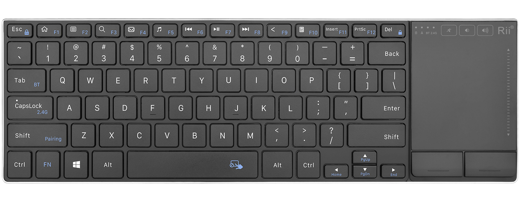 Rii Mini Keyboard Wireless 2.4GHz & Bluetooth with Large Touchpad & Media Keys Stainless Steel RT721